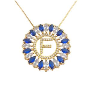 Colar Pingente Azul Letra F Banhado A Ouro