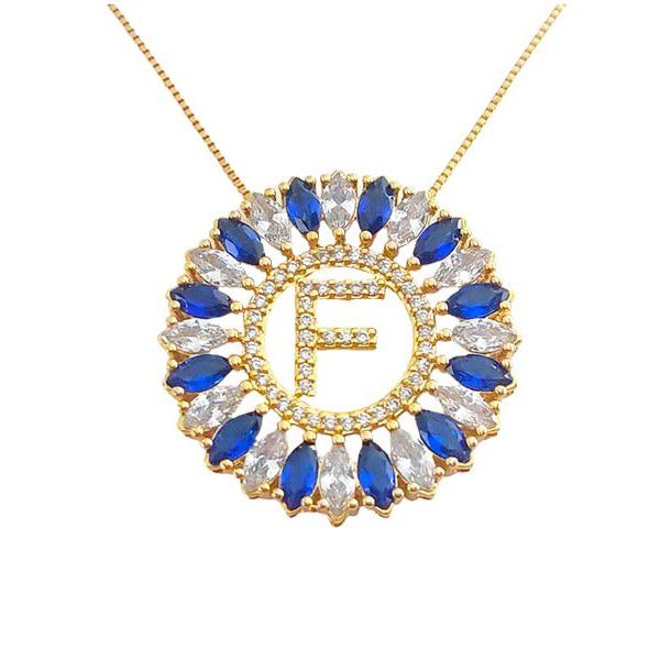 Colar Pingente Azul Letra F Banhado A Ouro