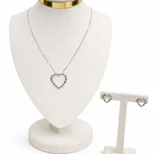Conjunto Colar E Brinco Coração Médio Com Pedra Colorida Prata
