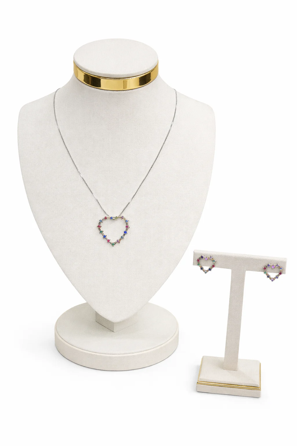 Conjunto Colar E Brinco Coração Médio Com Pedra Colorida Prata