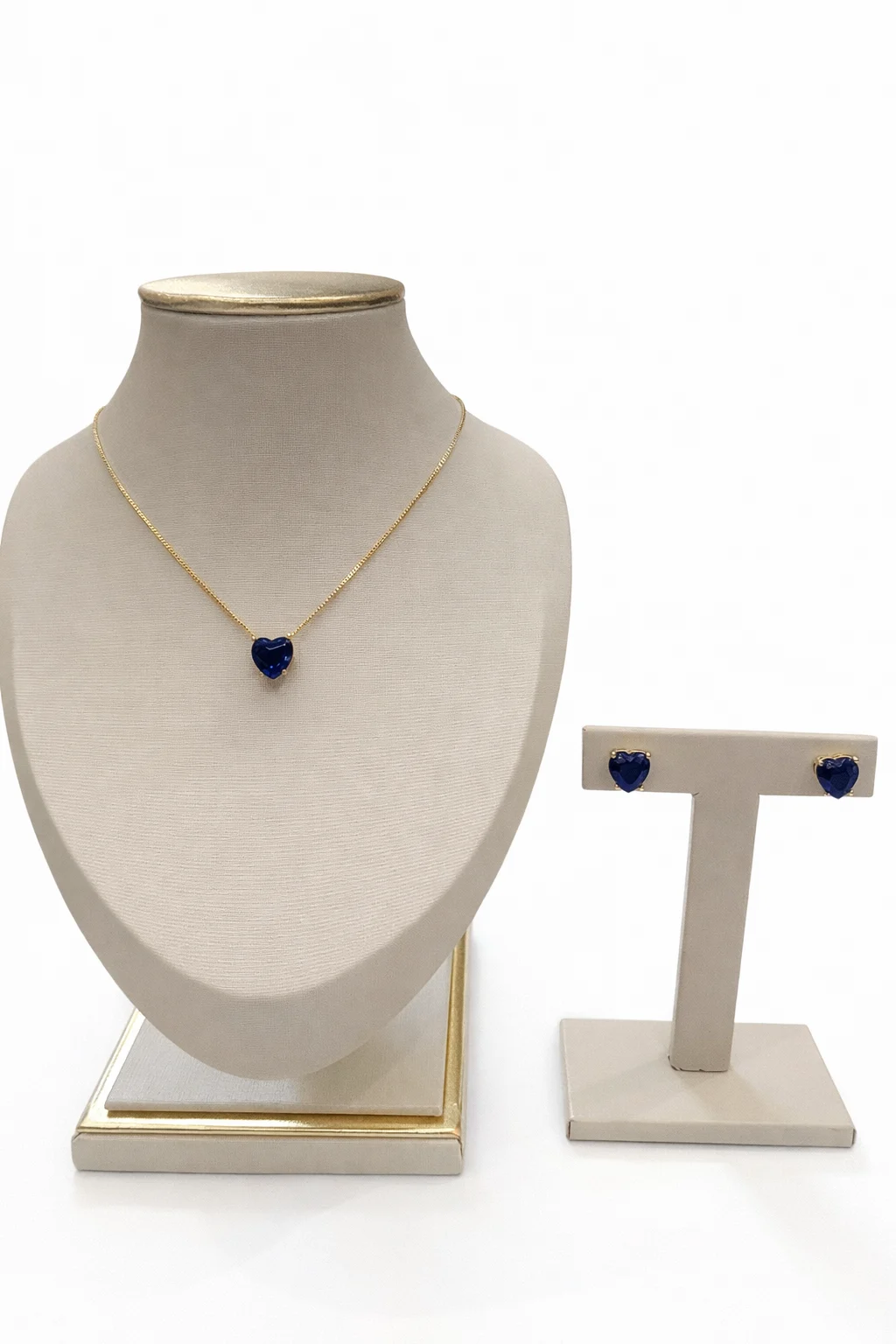 Conjunto Colar Veneziana Pingente e Brincos Coração 10mm 45+5 cm Azul Escuro