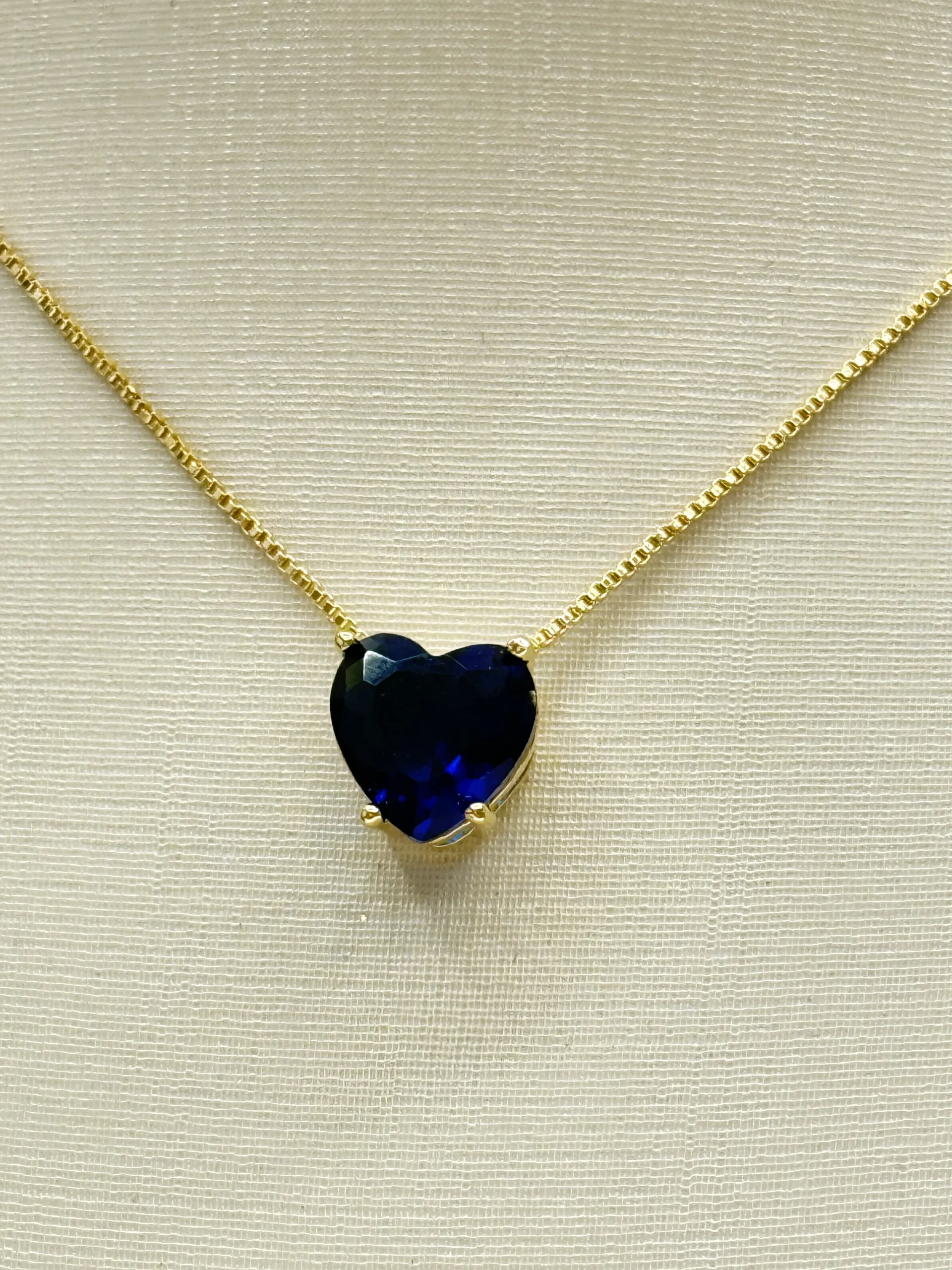 Conjunto Colar Veneziana Pingente e Brincos Coração 10mm 45+5 cm Azul Escuro - Imagem 2
