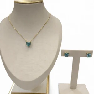 Conjunto Colar Veneziana Pingente e Brincos Coração 10mm 45+5 cm Azul