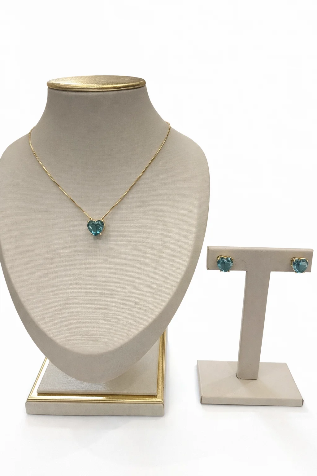 Conjunto Colar Veneziana Pingente e Brincos Coração 10mm 45+5 cm Azul
