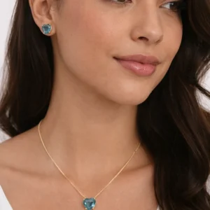 Conjunto Colar Veneziana Pingente e Brincos Coração 10mm 45+5 cm Azul