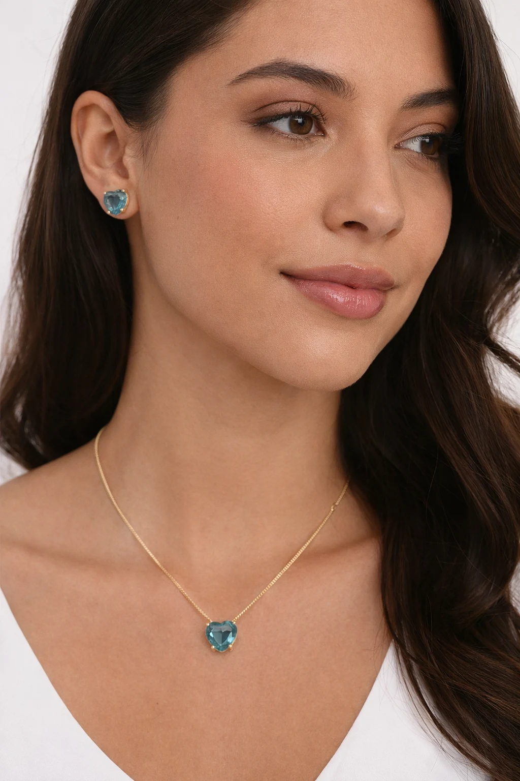 Conjunto Colar Veneziana Pingente e Brincos Coração 10mm 45+5 cm Azul - Imagem 2