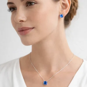 Conjunto Em Prata Colar E Brinco Pedra Quadrada Lilás