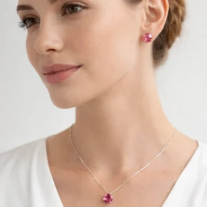 Conjunto Em Prata Colar E Brinco Pedra Turmalina Rosa