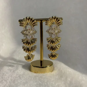Brinco Leques Com Flor Em Zircônia Dourado