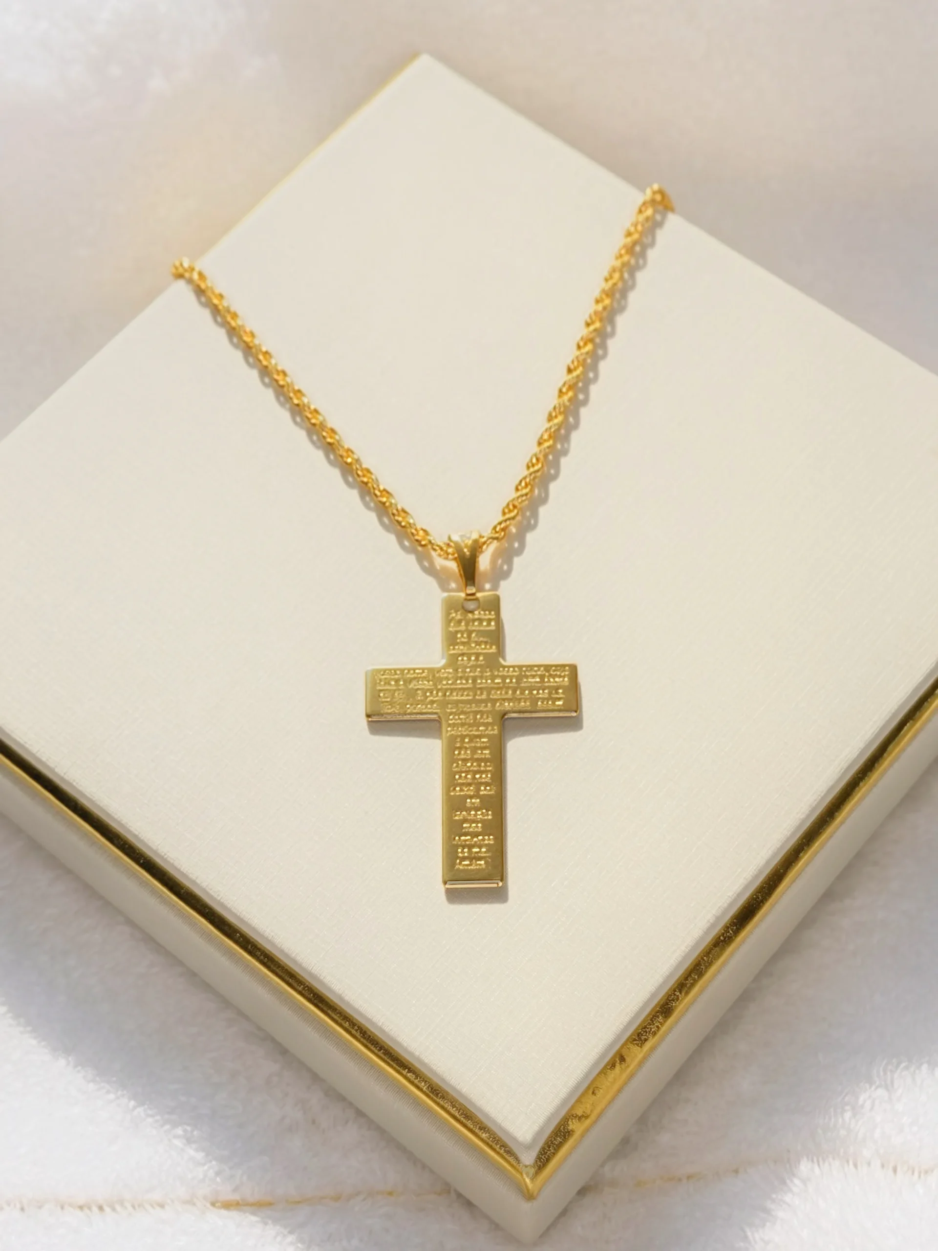 Colar Cruz Pai Nosso Cordão Baiano Dourado 60cm