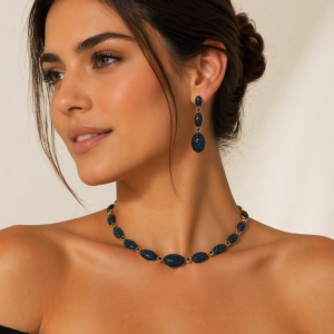 Conjunto Colar e Brinco Oval Onix Cravejado Azul