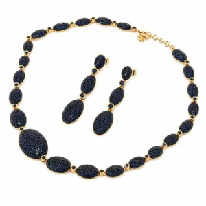 Conjunto Colar e Brinco Oval Onix Cravejado Azul