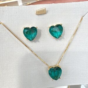 Conjunto Colar Veneziana Pingente e Brincos Coração 10mm 45+5 cm Verde