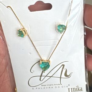 Conjunto Colar Veneziana Pingente e Brincos Coração 6mm 40+5 cm Verde Água