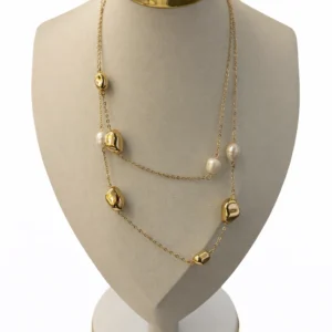 Colar Longo Dourado Pérolas e Elos Orgânicos