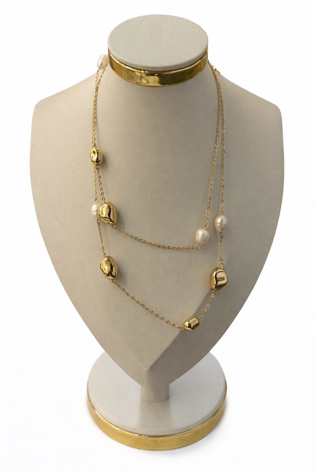 Colar Longo Dourado Pérolas e Elos Orgânicos