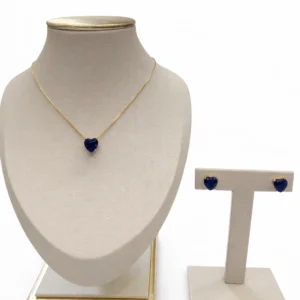Conjunto Colar Veneziana Pingente e Brincos Coração 10mm 45+5 cm Azul Escuro