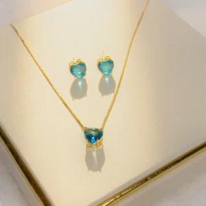 Conjunto Coração Azul Cristal Colar e Brincos