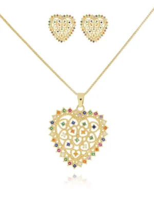 Conjunto Coração Vazado Cravejado Colorido