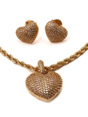 Conjunto Colar Baiano Fino e Brincos Coração Cravejado 45cm+5cm