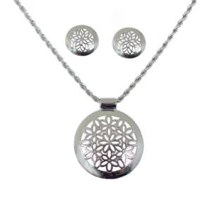 Conjunto Colar e Brinco Mandala com Flores em Ródio