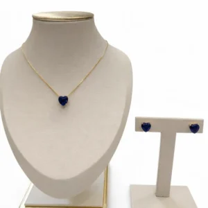 Conjunto Colar Veneziana Pingente e Brincos Coração 10mm 45+5 cm Azul Escuro