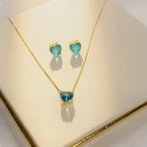 Conjunto Coração Azul Cristal Colar e Brincos