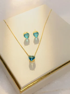 Conjunto Coração Azul Cristal Colar e Brincos