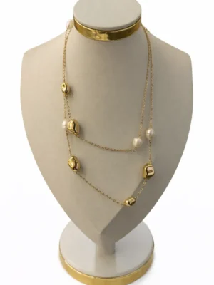 Colar Longo Dourado Pérolas e Elos Orgânicos
